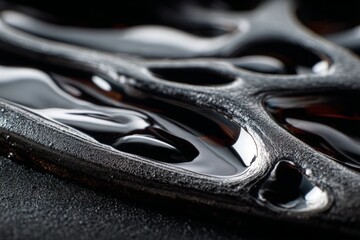 Close-up view of glossy black liquid spreading over a textured surface, showcasing intricate patterns and reflections