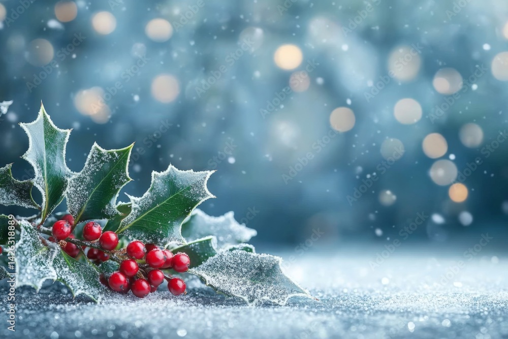Aufkleber winter holly leaves and berries covered in snow under soft lights create a festive atmosphere in a t