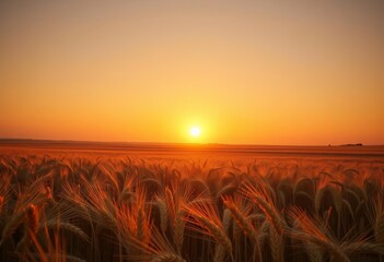 Fototapeta premium Golden hour sun dips below horizon, casting long shadows across a vast, ripe wheat field, harvest, landscape