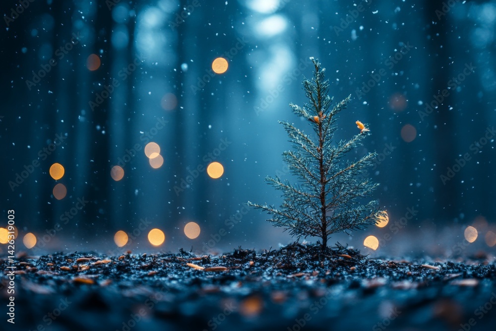 Poster Small evergreen tree stands alone in snowy forest during twilight with soft, glowing lights in the background