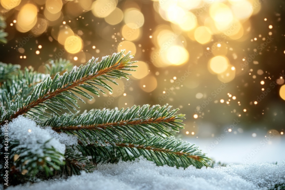 Poster Winter landscape featuring snow-covered pine branches with sparkling bokeh backdrop in a serene forest setting