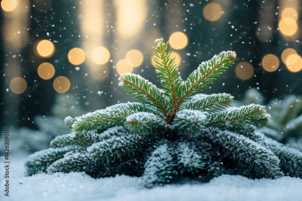 Poster snow-covered evergreen branches sparkle in winter light with soft bokeh background