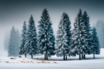 Obraz premium Frost-covered evergreens standing tall in a foggy winter landscape during early morning light
