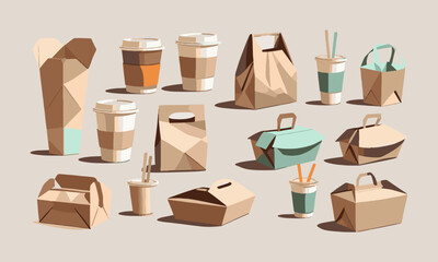 A modern flat vector illustration set of takeaway food and beverage packaging, easily editable.