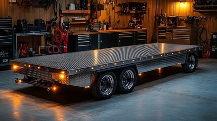 Flatbed utility trailer inside a well-lit garage.