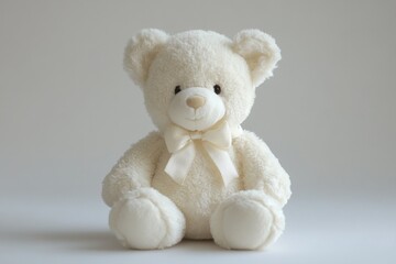 Obraz premium White teddy bear with bow sitting against a plain background perfect for children's decor or gifts