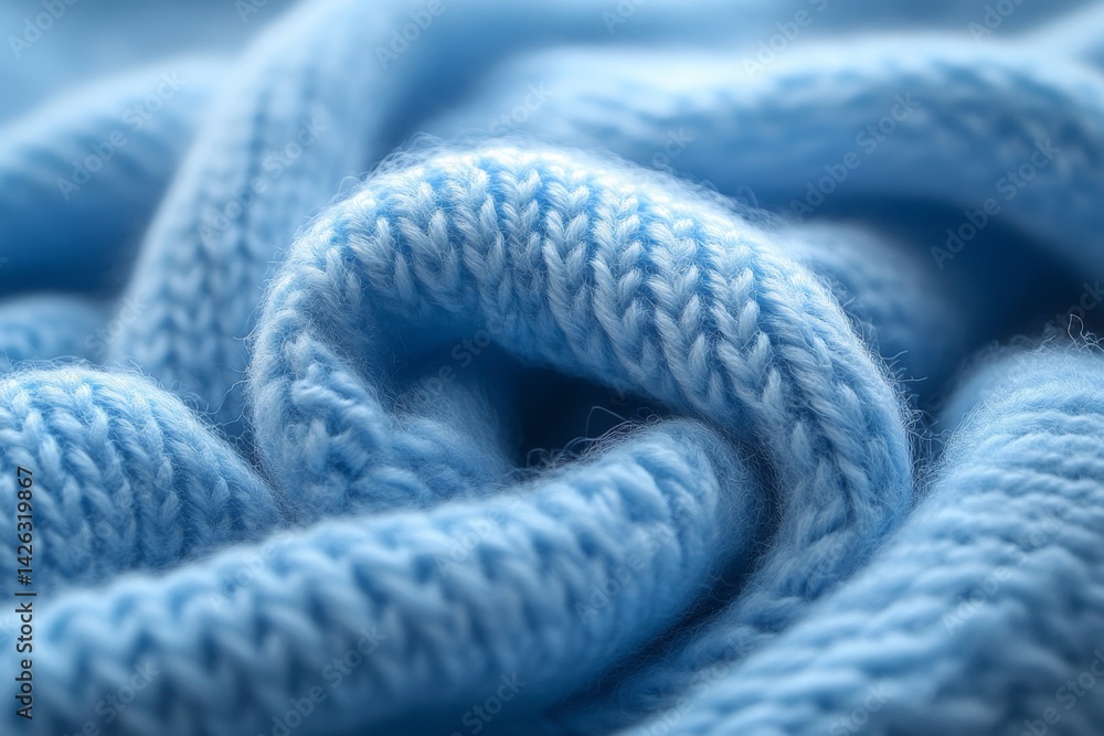 Poster soft blue knitted fabric with intricate patterns showcases warmth and texture in a cozy setting