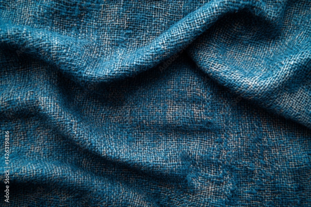 Poster textured blue fabric draping elegantly in soft waves, showcasing the intricate weave and deep hue, p