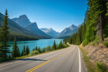 Fototapeta premium A clear lake surrounded by green mountains, viewed from a smooth asphalt road under a bright blue sky. (Background)