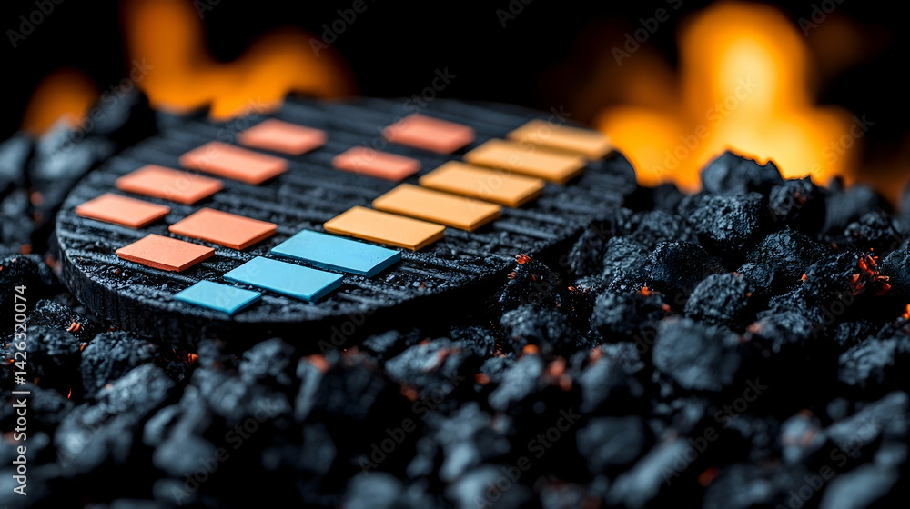 Aufkleber grated surface holding colorful blocks surrounded by black rocks under a fiery glow in the backgroun