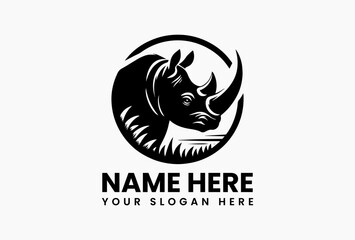 Rhino logo template, strong African rhinoceros silhouette icon with bold horned animal symbol for branding strength