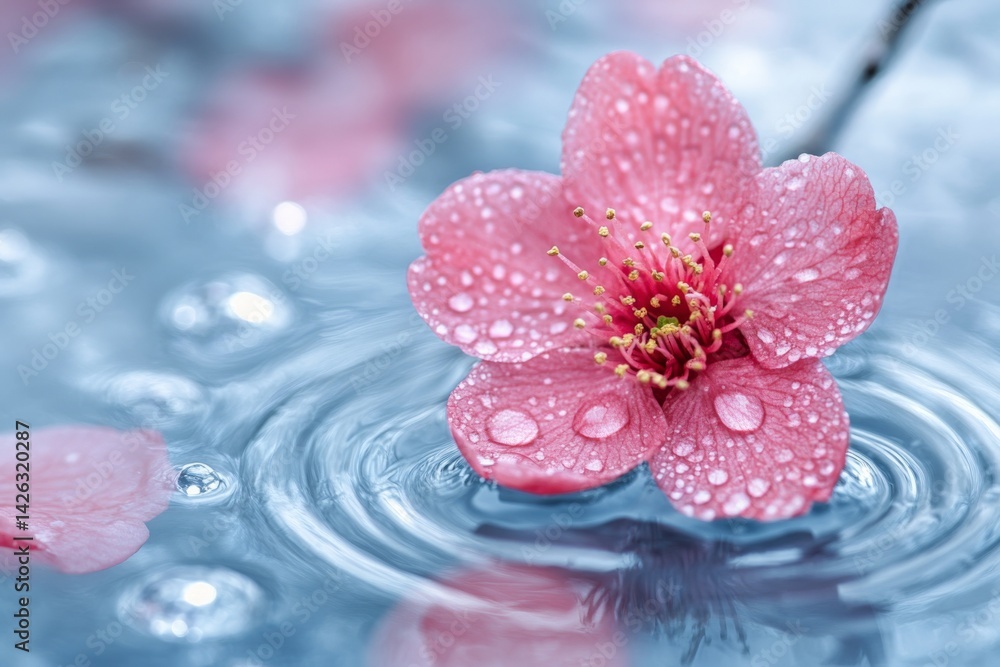 Aufkleber pink flower with raindrops floats on water's surface amidst blurred petals in tranquil setting