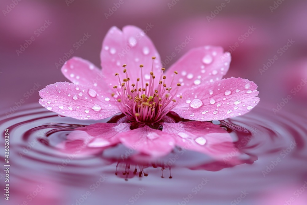 Aufkleber delicate pink flower with droplets floating on calm water surface in a serene setting during early m