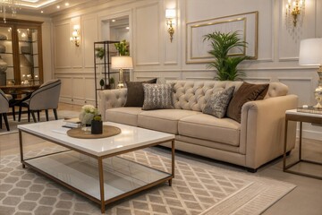 Stylish living room interior with a cozy sofa and modern coffee table. (Background)