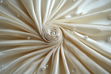 Elegant ivory fabric with spiral design and decorative pearls on display at a textile shop during midday
