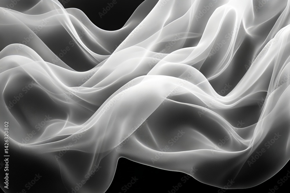 Poster Flowing white fabric creates an abstract wave pattern on a dark background in soft, ethereal light