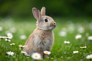 Fototapeta premium Dwarf rabbit on the grass with small flowers