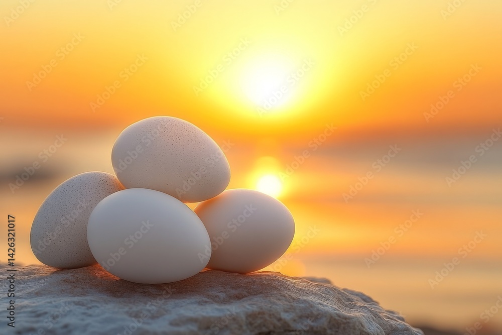 Aufkleber Eggs arranged on a rock with a vibrant sunrise over the ocean in the background, creating a serene atmosphere at dawn