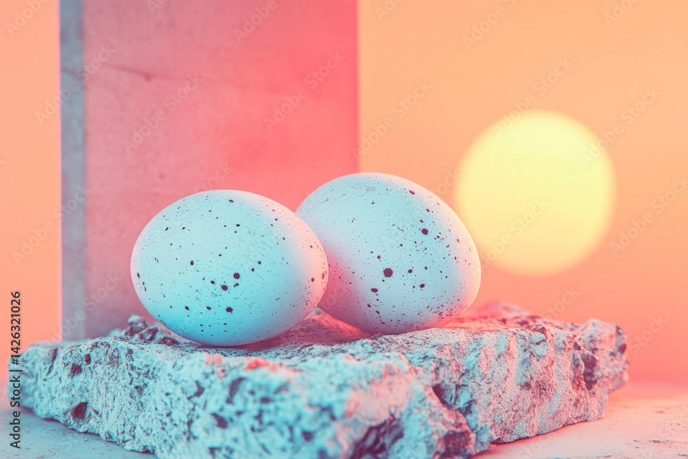 Poster Colorful speckled eggs resting on a stone surface with a serene sunset background creating a tranquil atmosphere