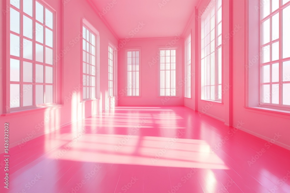 Poster bright pink room with large windows and soft natural light creating a vibrant atmosphere