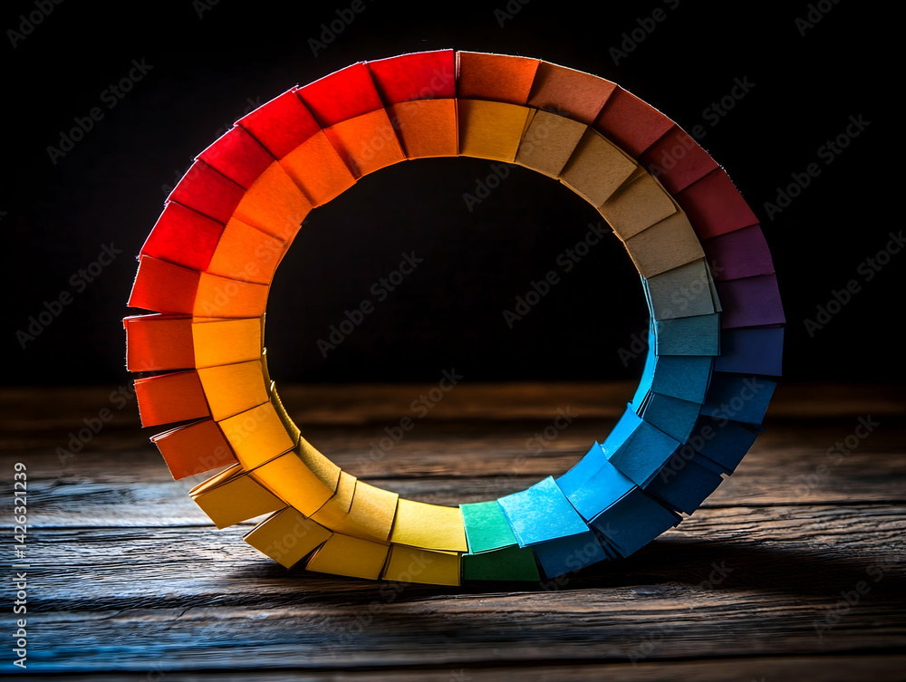 Poster rainbow color palette ring squares of gradient arranged in a circle on dark wood surface