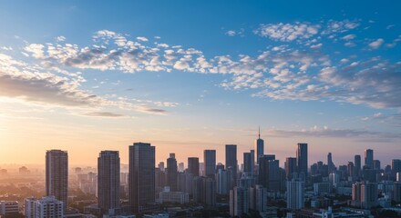 Obraz premium Skyline Sunrise Urban Landscape - A vibrant sunrise paints the sky above a sprawling cityscape. The symbolizes urban growth, opportunity, hope