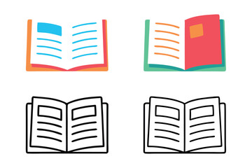 Line art icon set showing simple design of an open book with horizontal lines on pages, colorful cover, and representing education, study, and knowledge