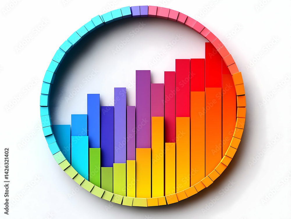 Poster round bar graph with rainbow colors on a white background going upwards to the right side of the cir