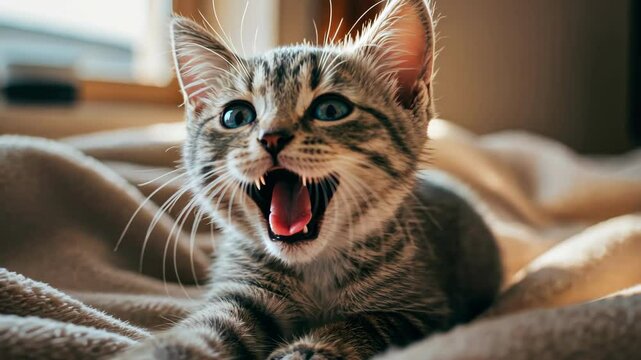 A playful kitten with blue eyes on a soft blanket.