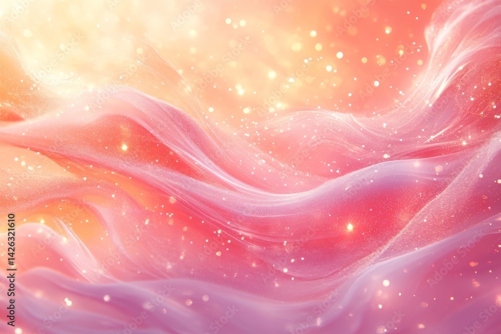 Aufkleber Soft pink fabric waves illuminated by golden light create an ethereal atmosphere at sunset with shimmering sparkles around