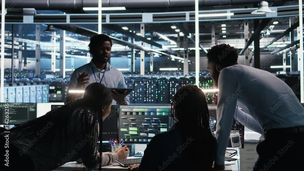 Poster server hub engineering team working together, using node tree software to optimize system health. da