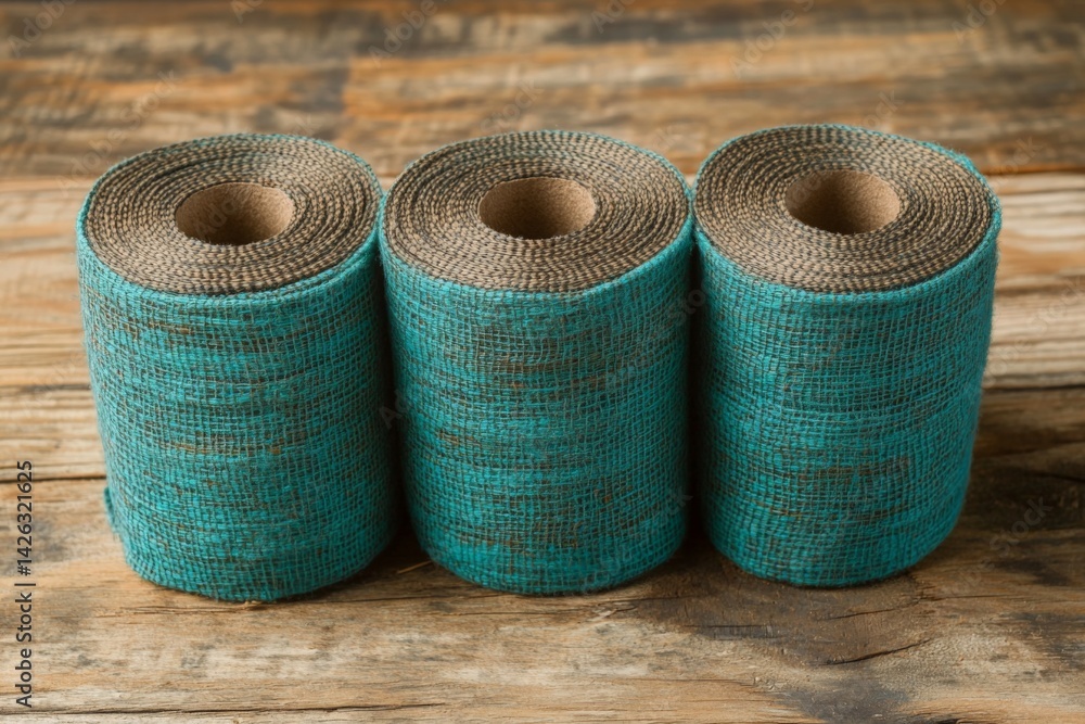 Poster rolls of turquoise fabric tape arranged neatly on a rustic wooden surface