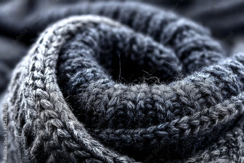 Poster close-up view of a cozy wool scarf showcasing intricate knit patterns, emphasizing its soft texture 
