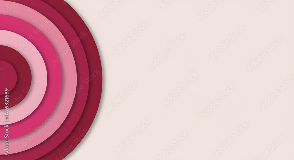 Poster ai image features abstract layered concentric circles in pink and red hues on the left, resembling a