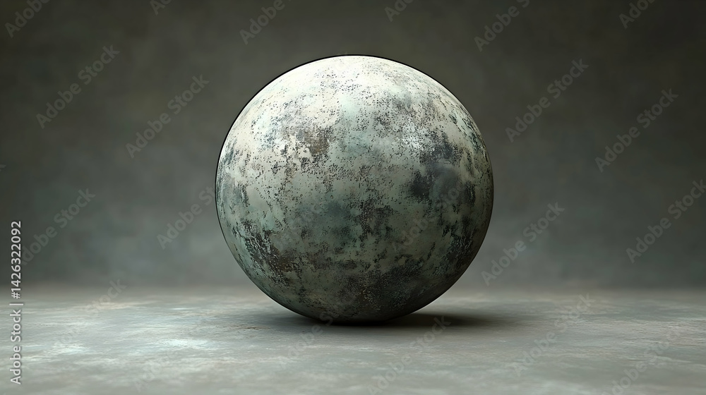 Poster textured sphere with mottled surface rests on matching textured plane in studio-like setup