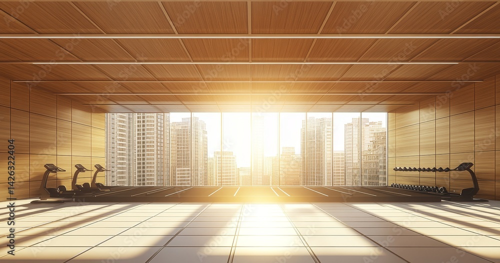 Poster the scene of a modern wood gym and fitness center with a view of the city is created using 3d render