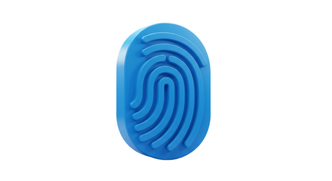 A blue fingerprint icon on a black background showing security and biometric identification technology