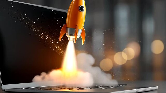 Orange rocket launching from a laptop, symbolizing startup