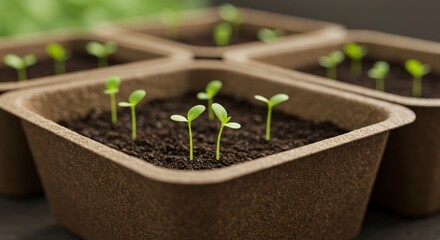 Some Sprouts Emerging in Biodegradable Seedling Tray - Eco-friendly gardening, new life, growth, sustainability, nature. Young plants sprout in biodegradable containers