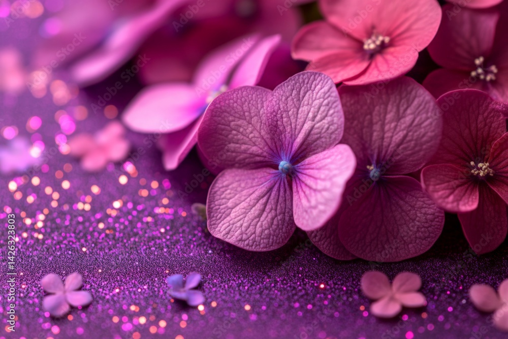 Poster collection of vibrant purple flowers on a sparkling backdrop creating a serene, artistic display