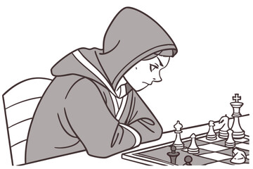 Intense chess match hooded figure deep in thought over strategy game board
