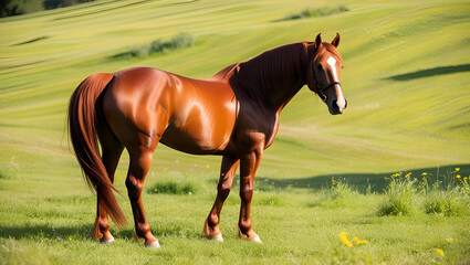 Obraz premium A stunning chestnut horse calmly grazing in a lush meadow filled with wildflowers, with a peaceful countryside landscape stretching into the distance