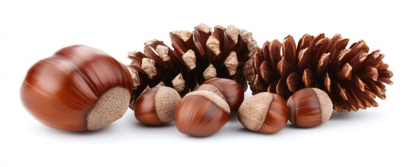 Autumnal arrangement of hazelnuts, acorns, and pine cones on white background