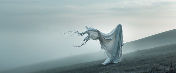 Ghostly figure in white sheet on misty hillside landscape.