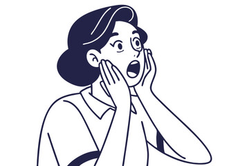 Shocked woman with hands on face in outline style vector illustration