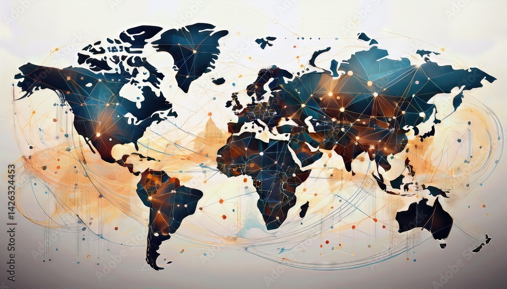 Poster abstract global network connectivity map, intricate details showcasing vibrant colors and textures i