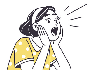 Surprised woman screaming loudly expressing shock reaction in line art