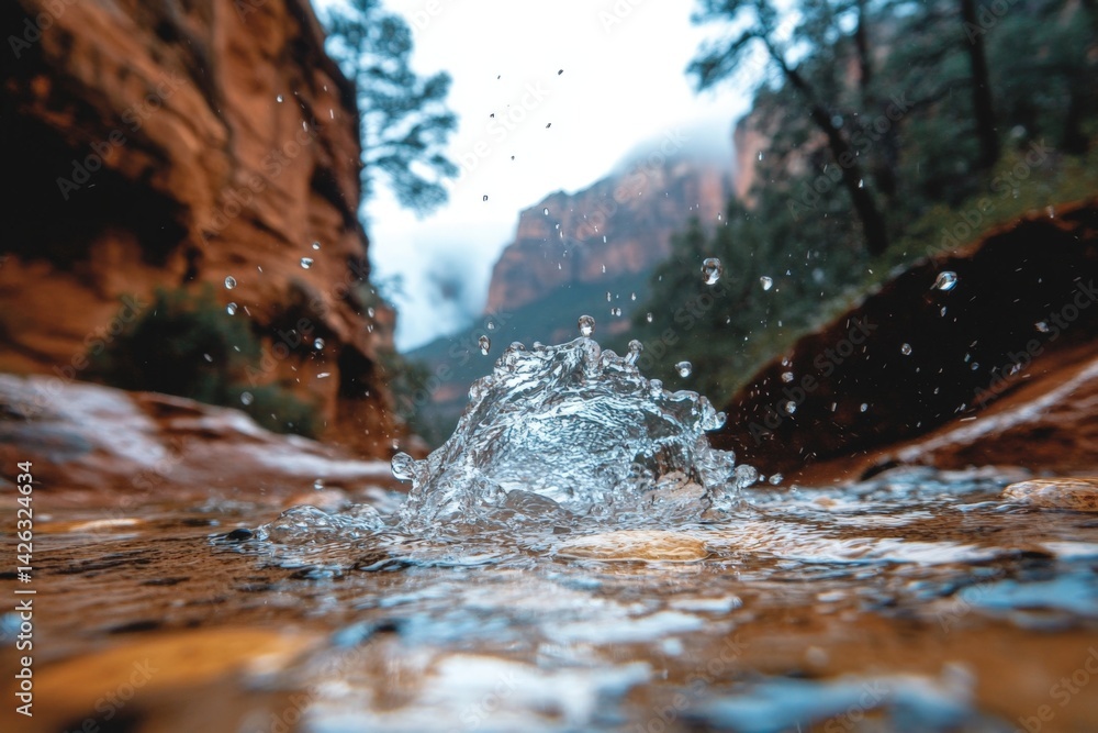 Poster water splashing in rocky canyon stream surrounded by trees during cloudy weather