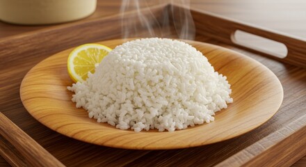 Steaming Rice Dish with Lemon - A plate of freshly steamed rice, garnished with a lemon wedge, sits on a rustic wooden tray. The scene evokes feelings of warmth, freshness, simplicity
