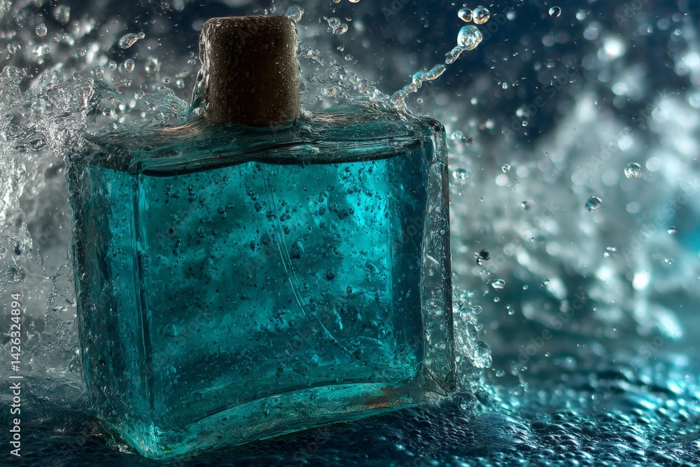 Aufkleber splashing water surrounds a turquoise bottle on a textured surface, showcasing a captivating visual 